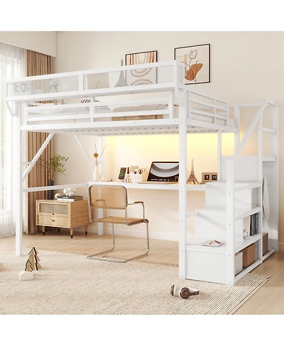 Streamdale Furniture Queen Loft Bed with Desk, Stairs and Charging Station