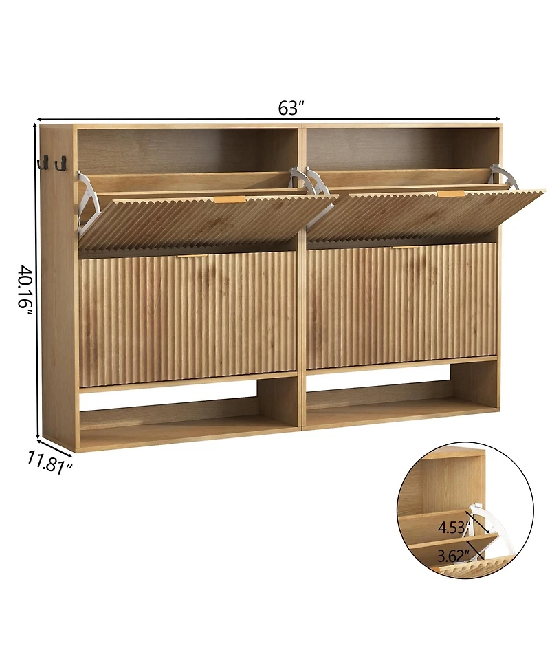 homfan 2 Set of Fluted Shoe Cabinet for Entryway, Freestanding Narrow Shoe Storage with 2 Flip Drawers, Open Bottom Shelf