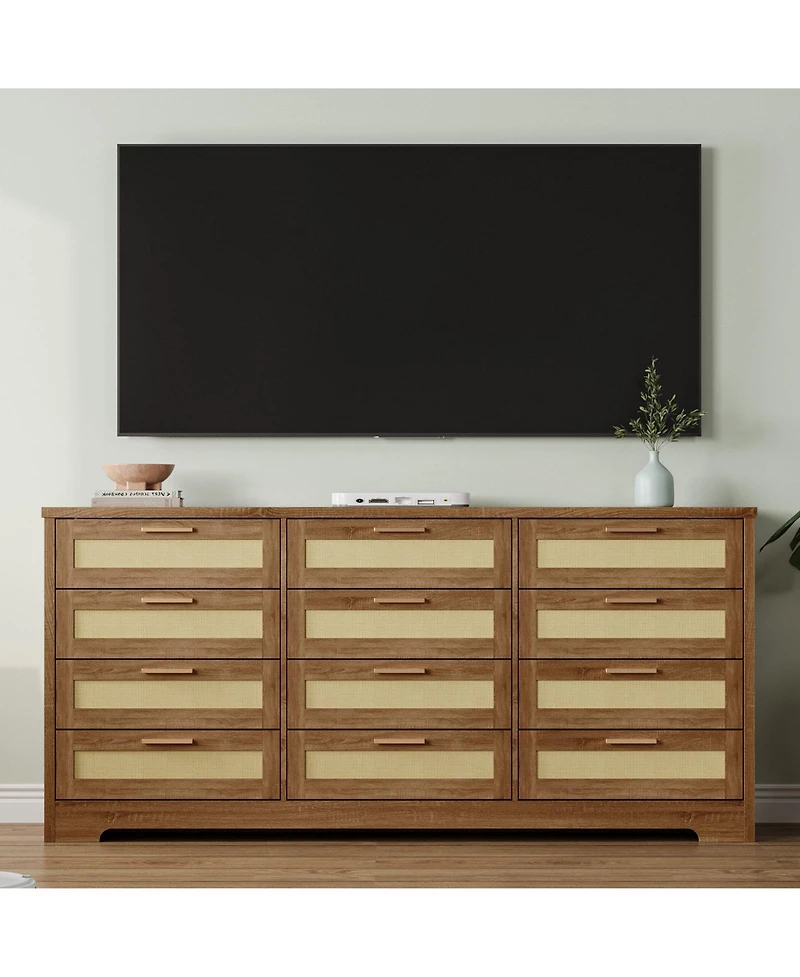 homfan 12-Drawer Rattan Dresser, Modern Chest of Drawers with Panels, Storage Organizer for Bedroom Nursery Entryway Living Room