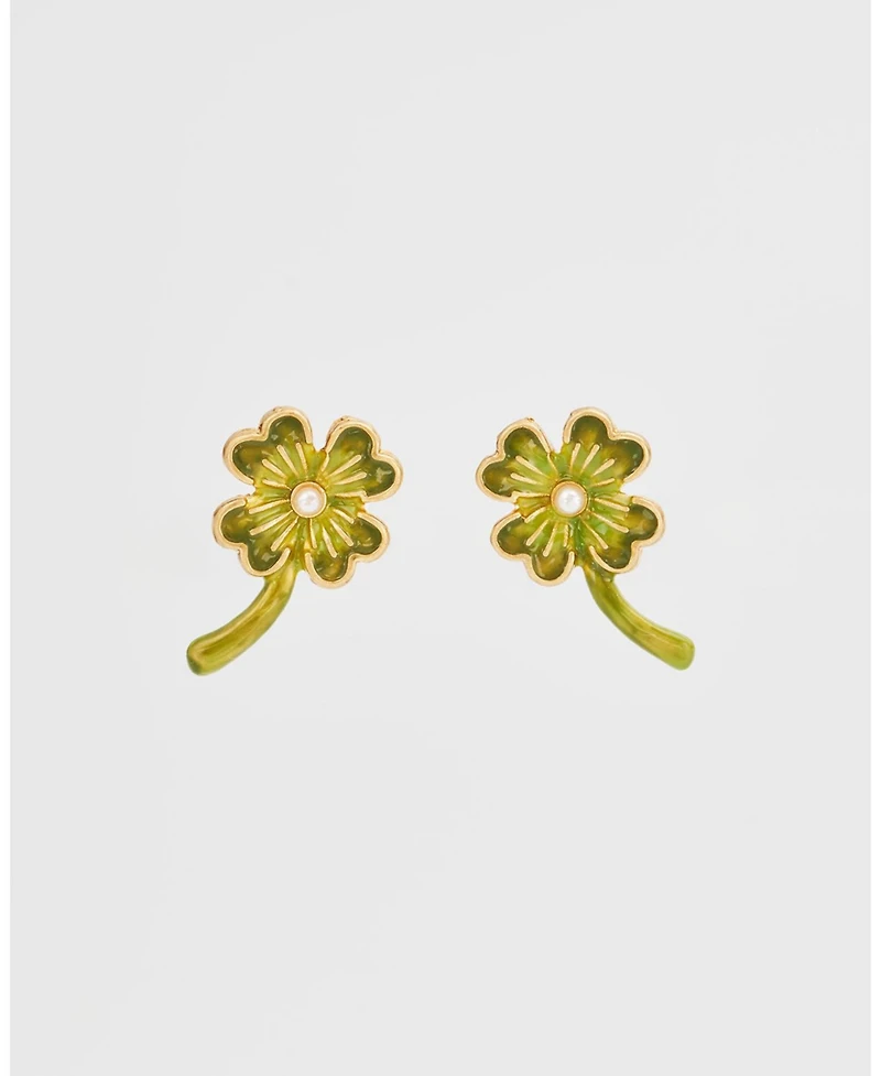 Fable England Gold Lucky Clover and Pearl Stud Earrings