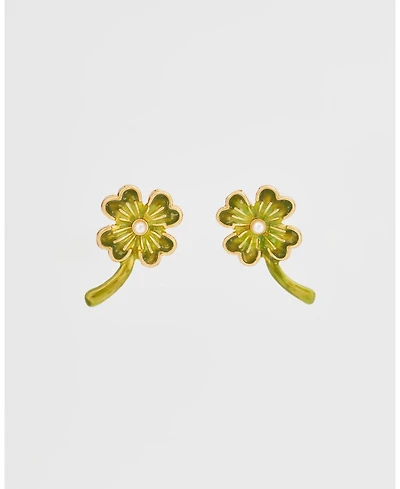 Fable England Gold Lucky Clover and Pearl Stud Earrings