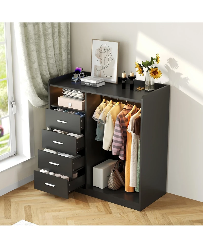 homfan 4-Drawer Dresser with Hanging Rack, Led Lights and Charging Station, Storage Organizer for Bedroom Living Room, Multiple Finishes