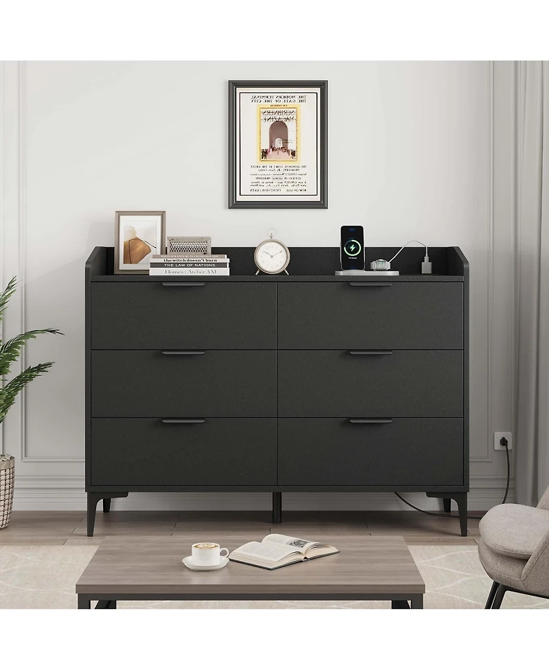homfan 6-Drawer Dresser with Power Outlets, Usb Ports, Wide Wooden Storage Chest for Bedroom Living Room Entryway