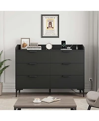 homfan 6-Drawer Dresser with Power Outlets, Usb Ports, Wide Wooden Storage Chest for Bedroom Living Room Entryway