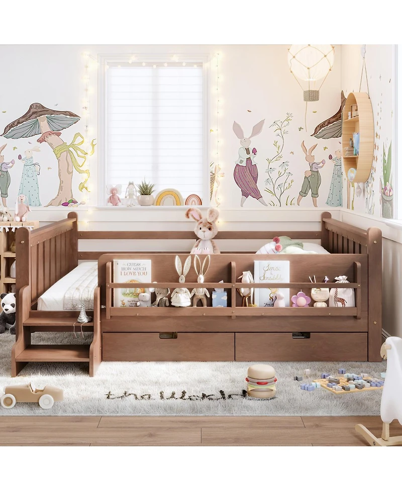 Streamdale Furniture Solid Wood Queen Floor Bed with Storage Bookcases, Drawers, and Stairs