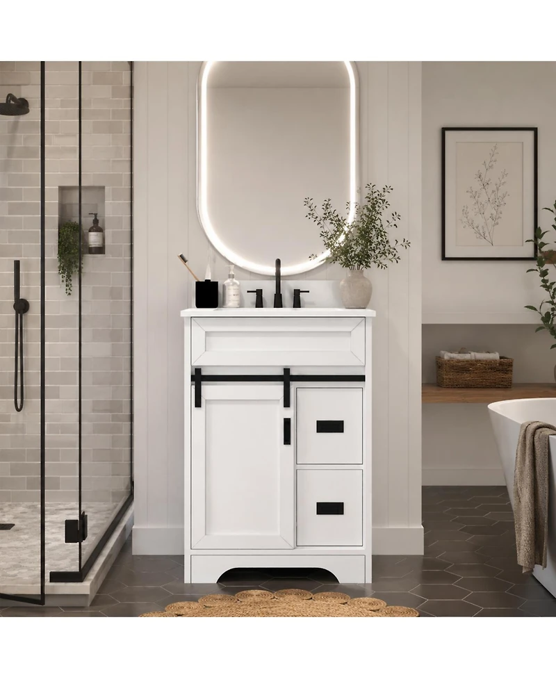 Phying 24 Inch Farmhouse Bathroom Vanity Freestanding Single Undermount Sink Cabinet with Sliding Barn Doors and 2 Drawers
