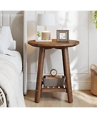 Tribesigns Solid Wood Round Side Table, 2-Tier Small End Table with Storage Shelf
