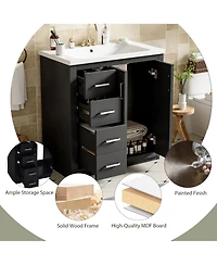 Phying 30Inch Bathroom Vanity with Ceramic Sink Combo Solid Wood Frame Bathroom Storage Cabinet Set with 3 Drawers and Soft Closing Doors