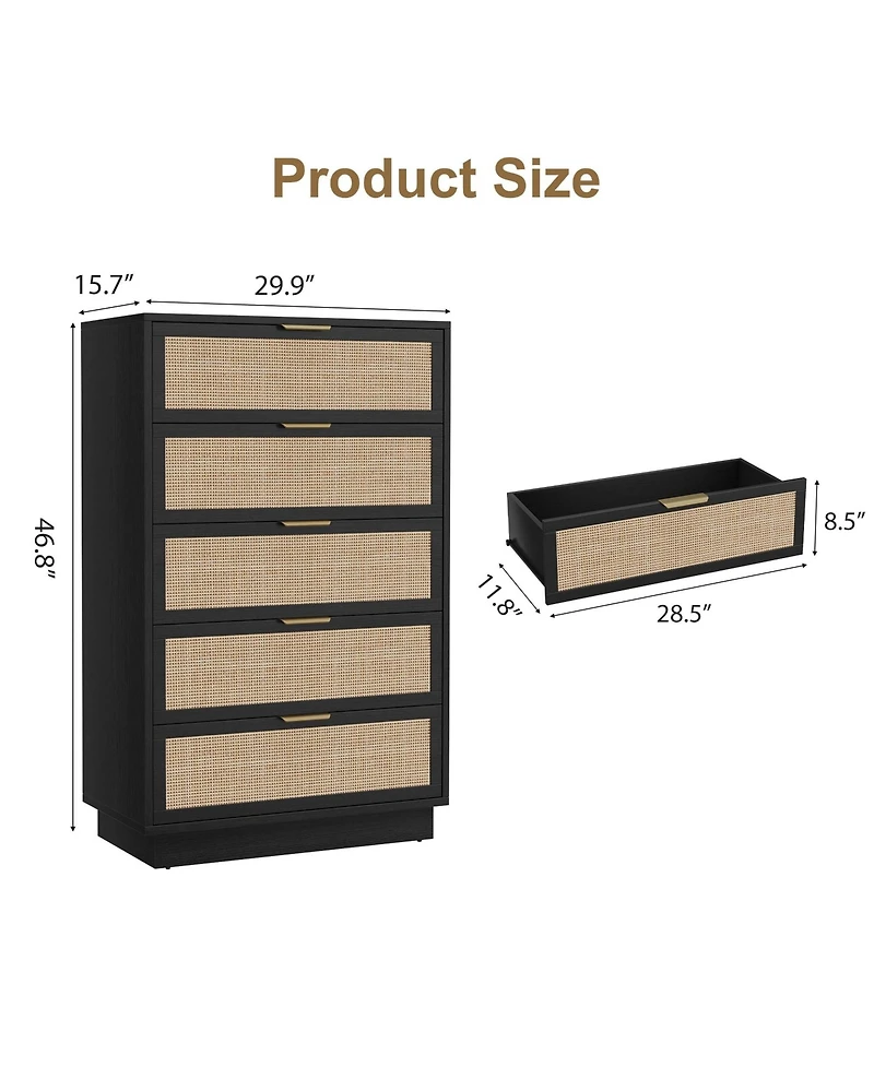 homfan 5-Drawer Tall Rattan Dresser with Integrated Legs, 47" Boho Chest for Bedroom Hallway Entryway Closet