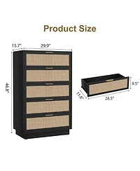 homfan 5-Drawer Tall Rattan Dresser with Integrated Legs, 47" Boho Chest for Bedroom Hallway Entryway Closet