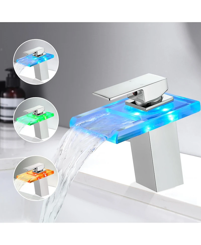 Phying Bathroom Sink Faucet Led Light 3 Colors Changing Waterfall Glass Spout Hot Cold Water Mixer Single Handle One Hole Deck Mounted Bathroom Faucet
