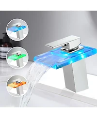 Phying Bathroom Sink Faucet Led Light 3 Colors Changing Waterfall Glass Spout Hot Cold Water Mixer Single Handle One Hole Deck Mounted Bathroom Faucet