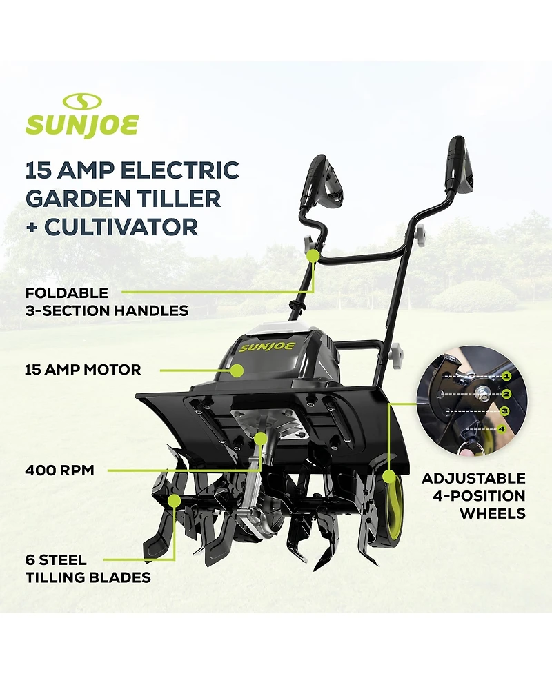 Sun Joe Electric Garden Tiller Cultivator, Steel Tines, 15 Amp, 15.7inch, TJ605E
