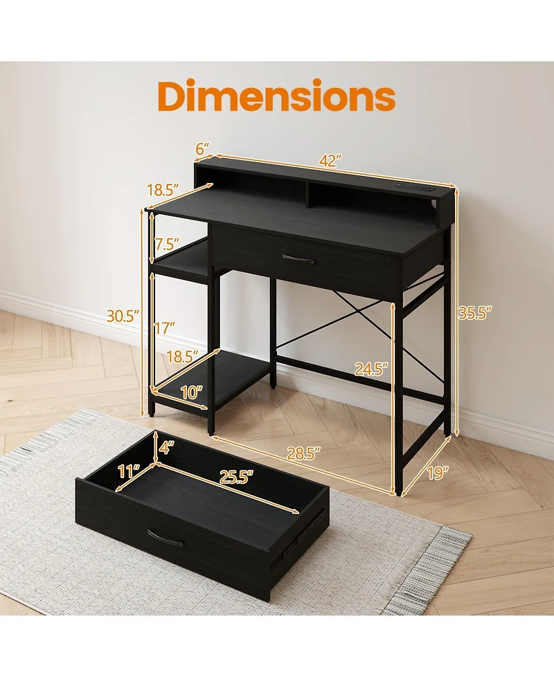 Slickblue 42 Inch Computer Desk with Power Outlets and Storage Hutch