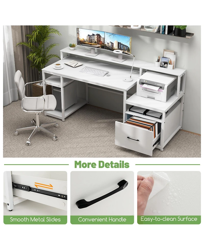 Slickblue 67 Inch Computer Desk with Monitor Stand and File Drawer