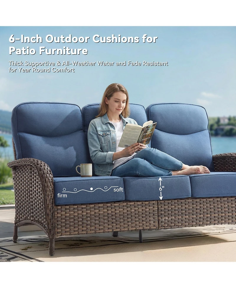 Pocassy 7 Pieces Patio Furniture Set with Fire Pit High Back Outdoor 6-inch Cushions Wicker Swivel Rocker Chairs for Lawn,Deck