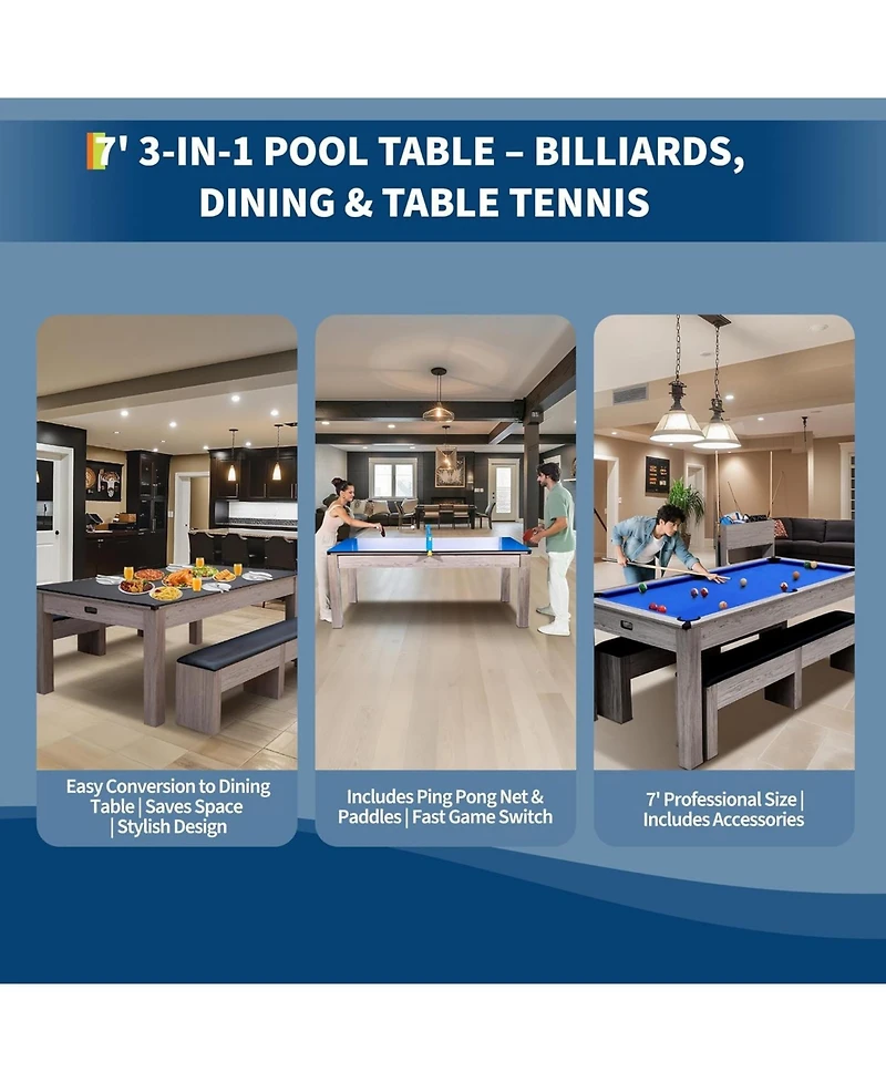 Xo 7FT 3-in-1 Pool Table Dining Combo, Billiard Table with Ping Pong Top and Accessories, Space-Saving Family Game Table