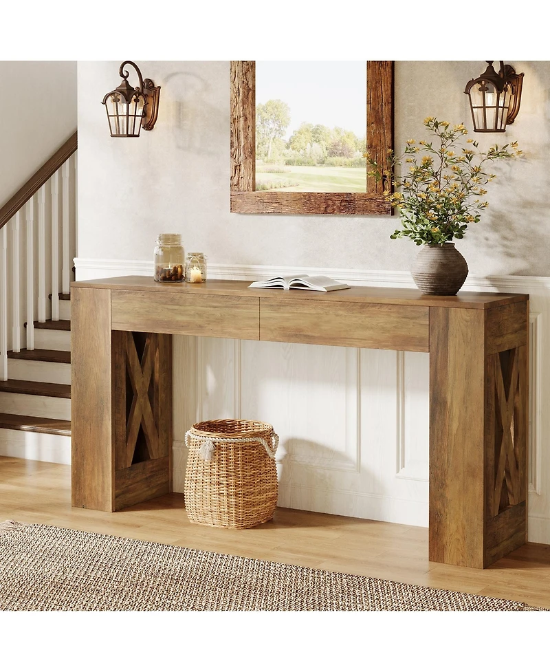 Slickblue Sofa Console Table with 2 Drawers and X-Shaped Legs, Narrow Design