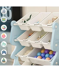 Rainsken Kids Bookshelf, Toy Storage Organizer with 12 Toy Bins and 2 Tier Display Rack for Playroom, Bedroom