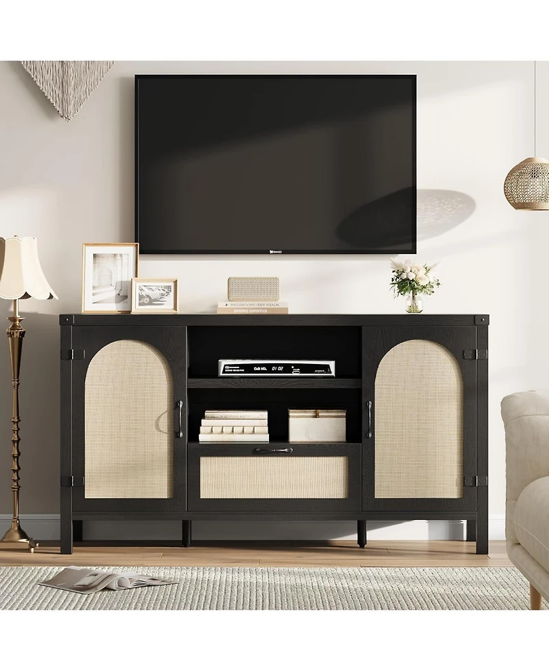 homfan Farmhouse Rattan Sideboard Buffet Cabinet 59 Inch Storage Unit Coffee Bar with Drawer and Open Shelves Wooden Entryway Organizer