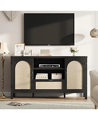 homfan Farmhouse Rattan Sideboard Buffet Cabinet 59 Inch Storage Unit Coffee Bar with Drawer and Open Shelves Wooden Entryway Organizer