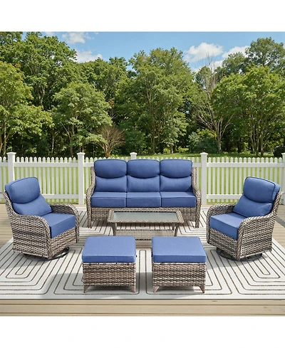 Pocassy 6 Pieces Outdoor Furniture Set Wicker Outdoor Sofa with Swivel Rocking Chairs Patio Ottomans Outdoor Coffee Table