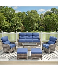 Pocassy 6 Pieces Outdoor Furniture Set Wicker Outdoor Sofa with Swivel Rocking Chairs Patio Ottomans Outdoor Coffee Table