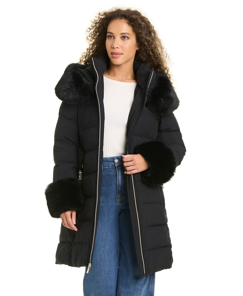 Kate Spade New York Women's Faux-Fur Arm Cuff Hooded Puffer Coat