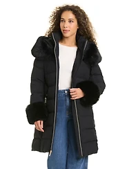Kate Spade New York Women's Faux-Fur Arm Cuff Hooded Puffer Coat