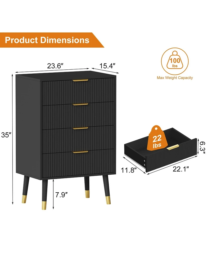 homfan Fluted 4-Drawer Dresser with Metal Handles, Tall Nightstand Cabinet for Bedroom, Living Room, Hallway, Entryway