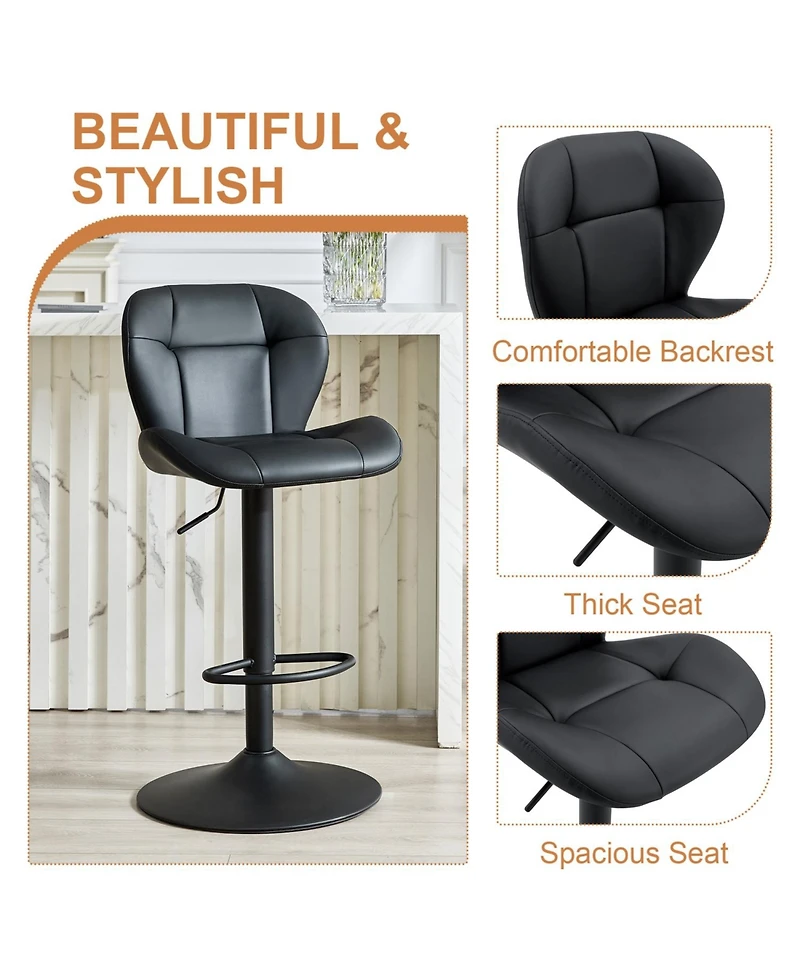 Rainsken Modern Bar Stools Set of 2, Faux Pu Leather Upholstered, Adjustable Swivel Barstools, for Kitchen Island,