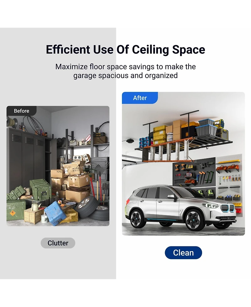 Fleximounts 4x8ft Overhead Garage Storage Rack with 6 Hooks, 22.6" -39.4" Ceiling Dropdown, Lite Series