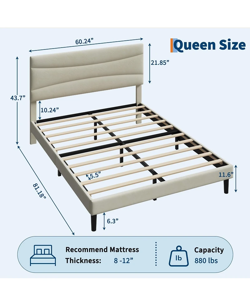 homfan Upholstered Platform Bed Frame with Curved Headboard, Wood Slat Support, Underbed Storage