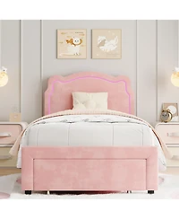homfan Upholstered Twin Platform Bed with Bear-Shaped Headboard, Rgb Led Lights, Storage Drawer, Soft Fabric, Wooden Slats