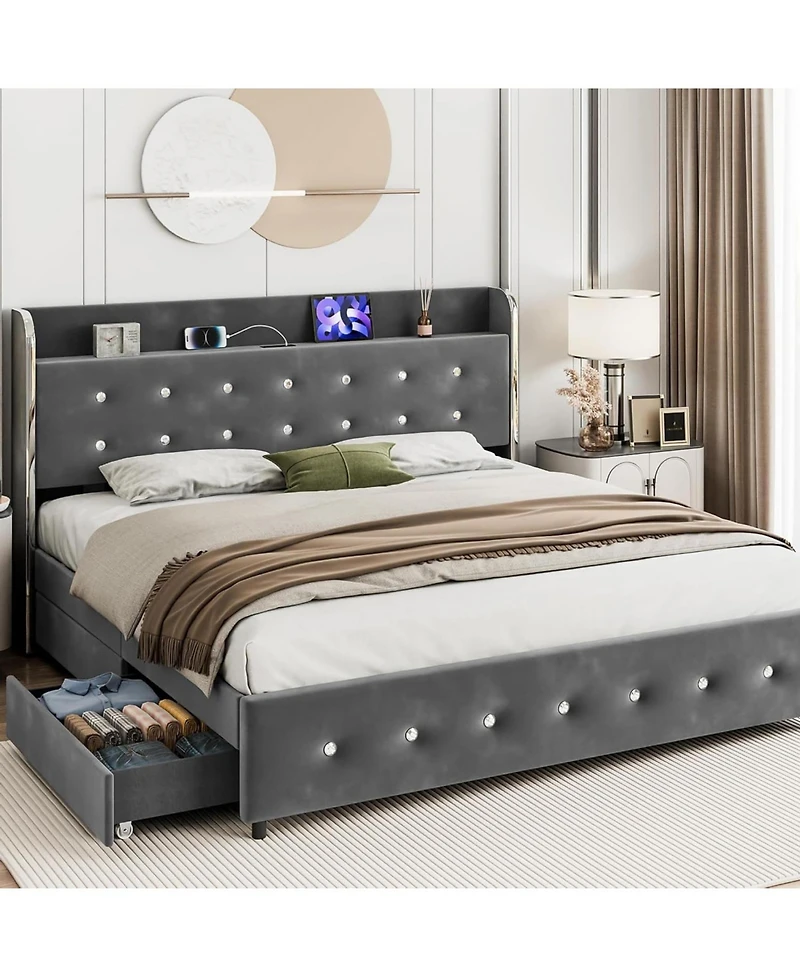 Streamdale Furniture homfan Bed Frame with Headboard Shelf and Charging Station and 4 Storage Drawers, Upholstered Platform Bed Frame