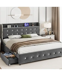 Streamdale Furniture homfan Bed Frame with Headboard Shelf and Charging Station and 4 Storage Drawers, Upholstered Platform Bed Frame