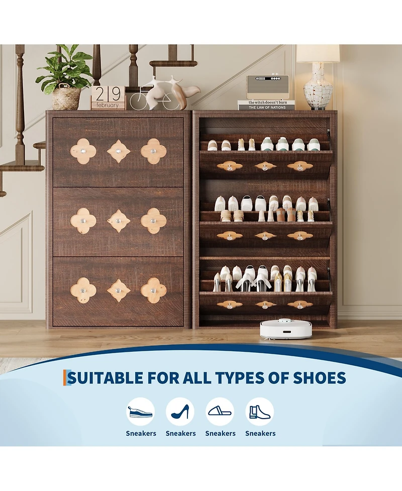 homfan Slim Shoe Cabinet with 3 Flip Drawers, Hollow Floral Design and Diamond Handles, Freestanding Hidden Organizer for Hallway Foyer