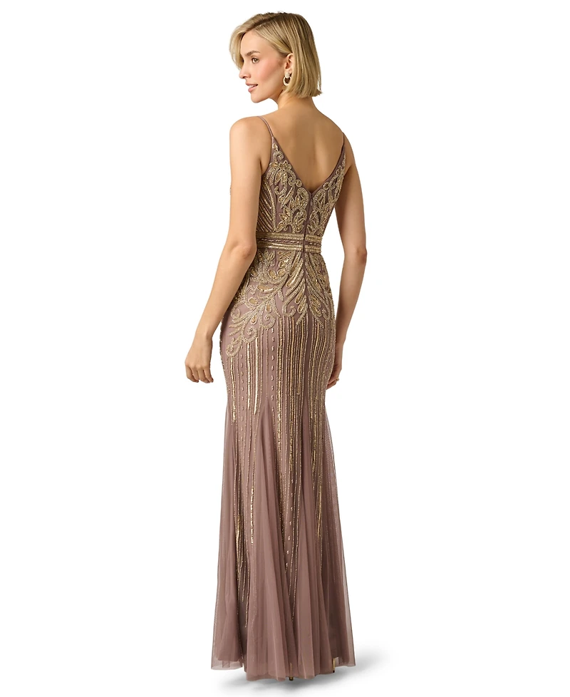 Adrianna Papell Women's Sleeveless V-Neck Beaded Ball Gown