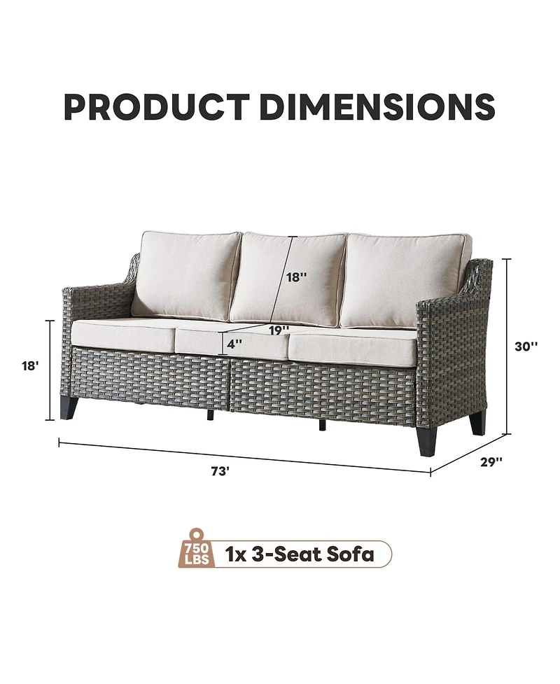 Pocassy Outdoor Couch Patio Furniture - Wicker Sofa 3-Seat Rattan Gray with Wide Armest and Olefin Cushions