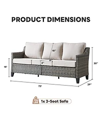 Pocassy Outdoor Couch Patio Furniture - Wicker Sofa 3-Seat Rattan Gray with Wide Armest and Olefin Cushions