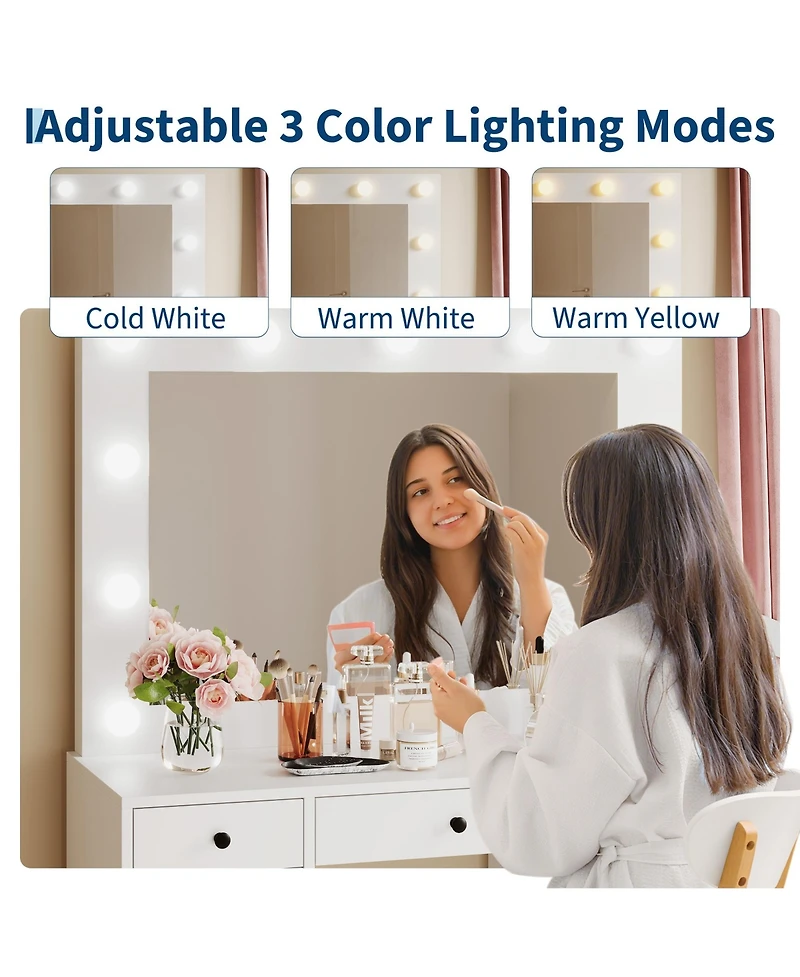 gaomon Vanity Desk With Mirror and Lights, 3-Color Lights Adjustable Brightness Make Up Dressing Table With 2 Drawers,Makeup Desk