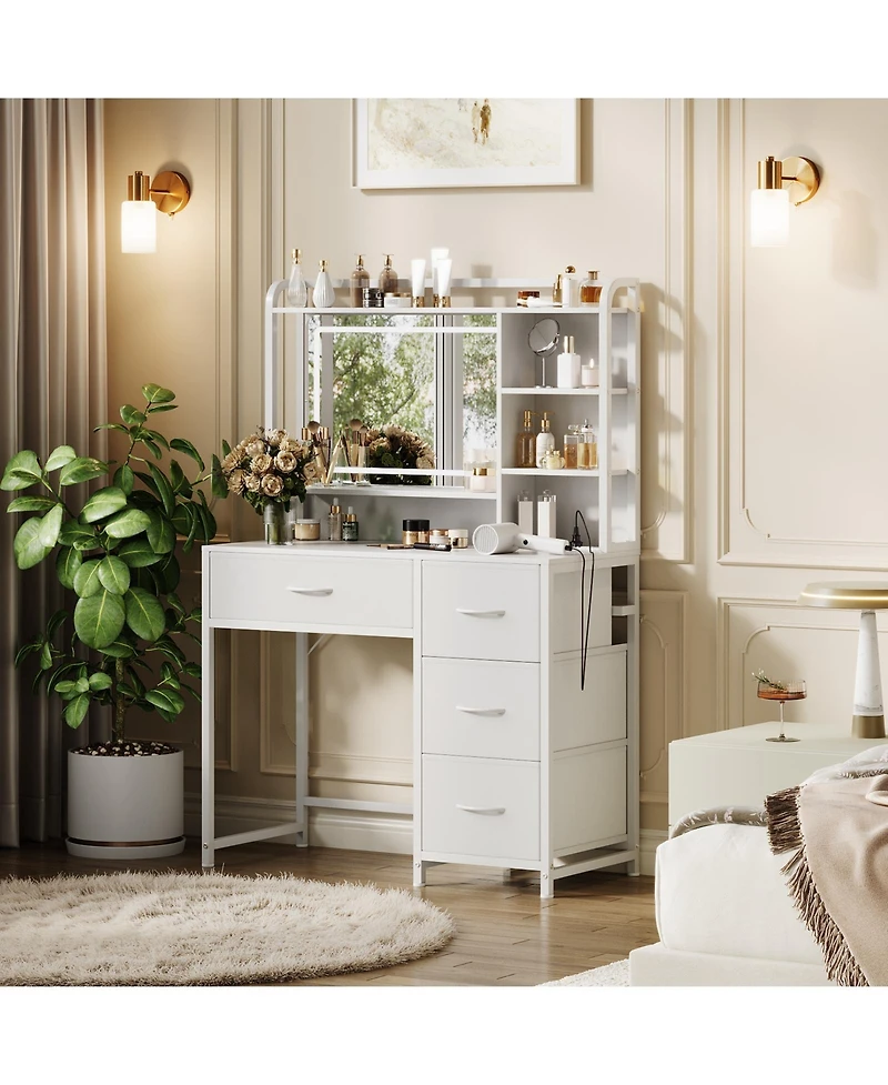 gaomon Vanity Desk with Mirror, Light, 35.4'' Makeup Vanity Table with Shelves, 4 Fabric Drawers Storage, Modern Dressing Table for Bedroom
