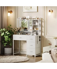 gaomon Vanity Desk with Mirror, Light, 35.4'' Makeup Vanity Table with Shelves, 4 Fabric Drawers Storage, Modern Dressing Table for Bedroom