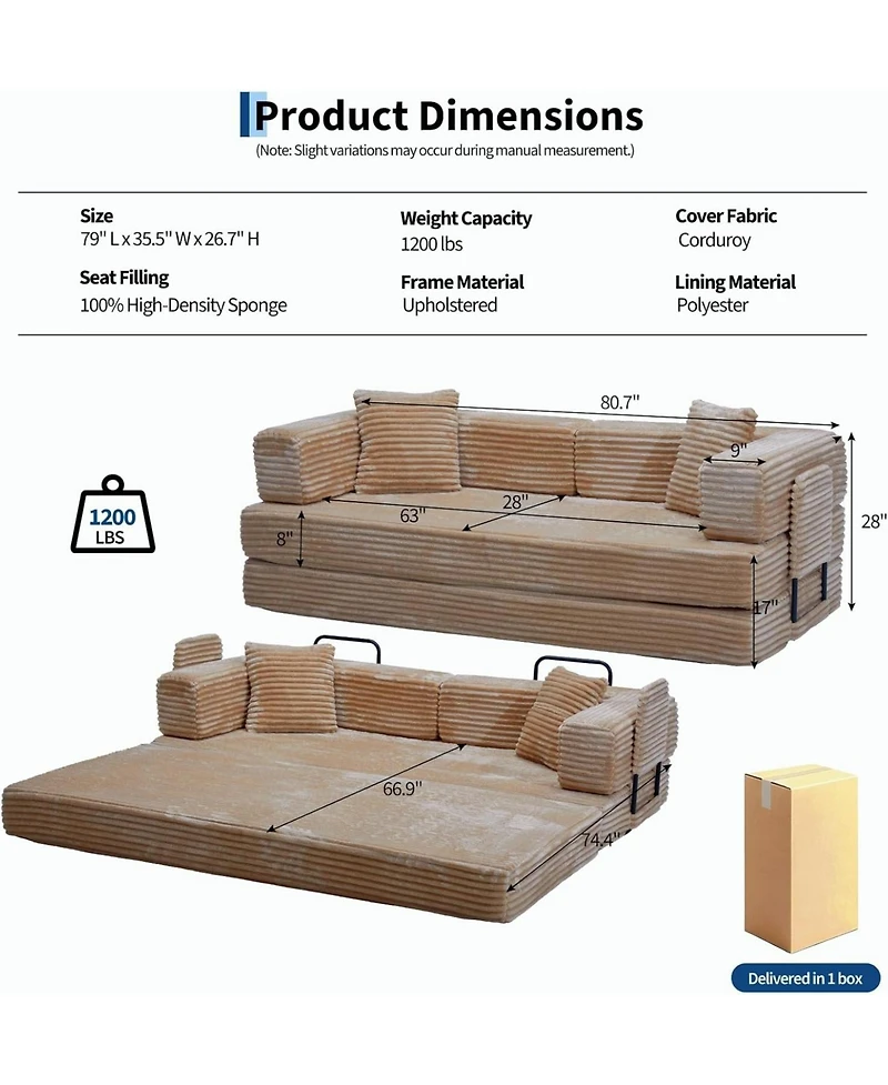 homfan 5-in-1 Convertible Sofa Bed, 80.7" Corduroy Sleeper Sofa with Storage Pocket, Bedroom and Small Spaces