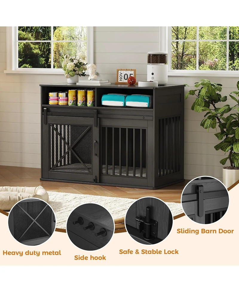 gaomon 44.5'' Dog Crate Furniture with Storage Drawers, Wooden Double Cage Tv Stand 2 Sliding Barn Doors