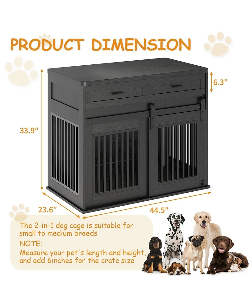 gaomon 44.5'' Dog Crate Furniture with Storage Drawers, Wooden Double Cage Tv Stand 2 Sliding Barn Doors, for Medium/Large Breeds