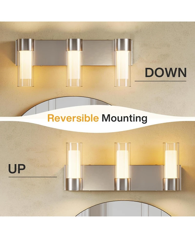 Tribesigns Led Bathroom Light Fixtures, 3-Light Vanity Lights Over Mirror, Wall Lights with 3 Color Modes and Sand Nickel Finish