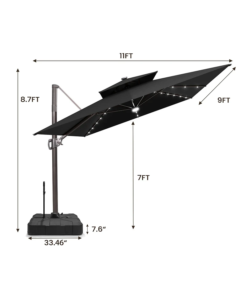 Pellebant Outdoor Patio 9x11FT Aluminum Double Canopy Solar Lights Cantilever Umbrella with Rod Wheel Base