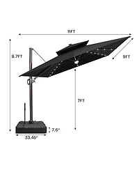 Pellebant Outdoor Patio 9x11FT Aluminum Double Canopy Solar Lights Cantilever Umbrella with Rod Wheel Base
