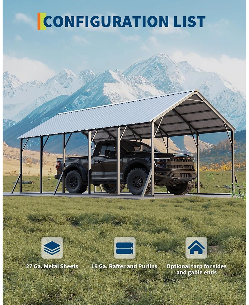homfan Heavy Duty Carport, Galvanized Steel Frame with Vertical Profile Metal Roof, Vehicle Parking Shelter